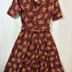 Effie's Heart Maroon and Yellow Camera Print Midi Dress